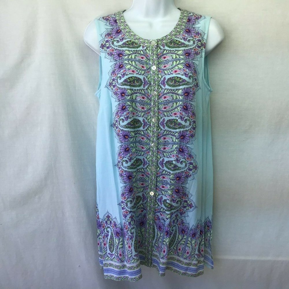 J Jill Tunic Blue Sleeveless Floral Button Front Side Vents Super Cute PS